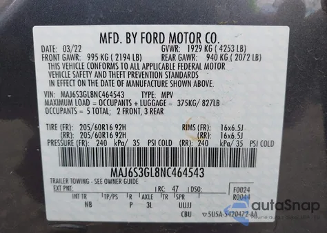 2022 Ford Ecosport Se из США, поврежденный, VIN MAJ6S3GL8NC464543